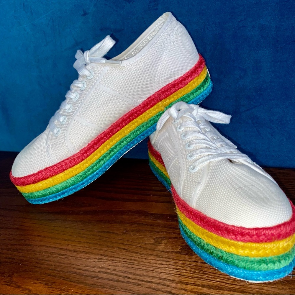 Superga Women's White Platform Sneakers with Rainbow Jute, Size 8.5 (39.5 EU)